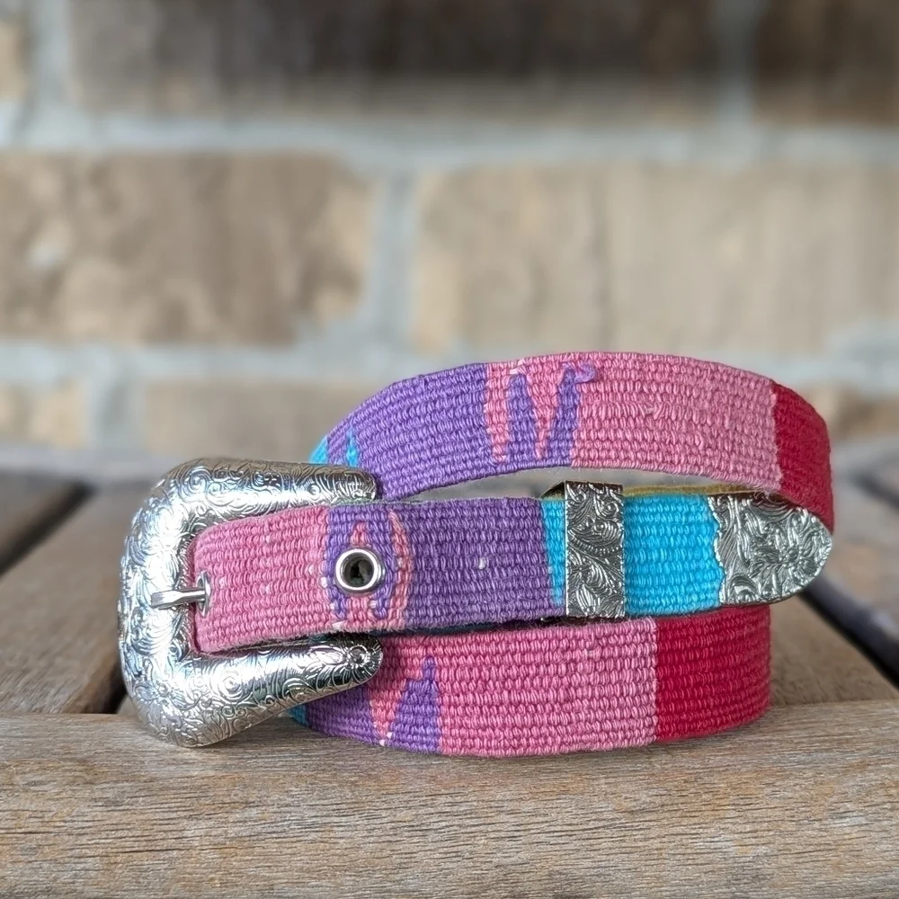 Vintage 90s Rainbow Woven Skinny Belt Size Large Leather Silver